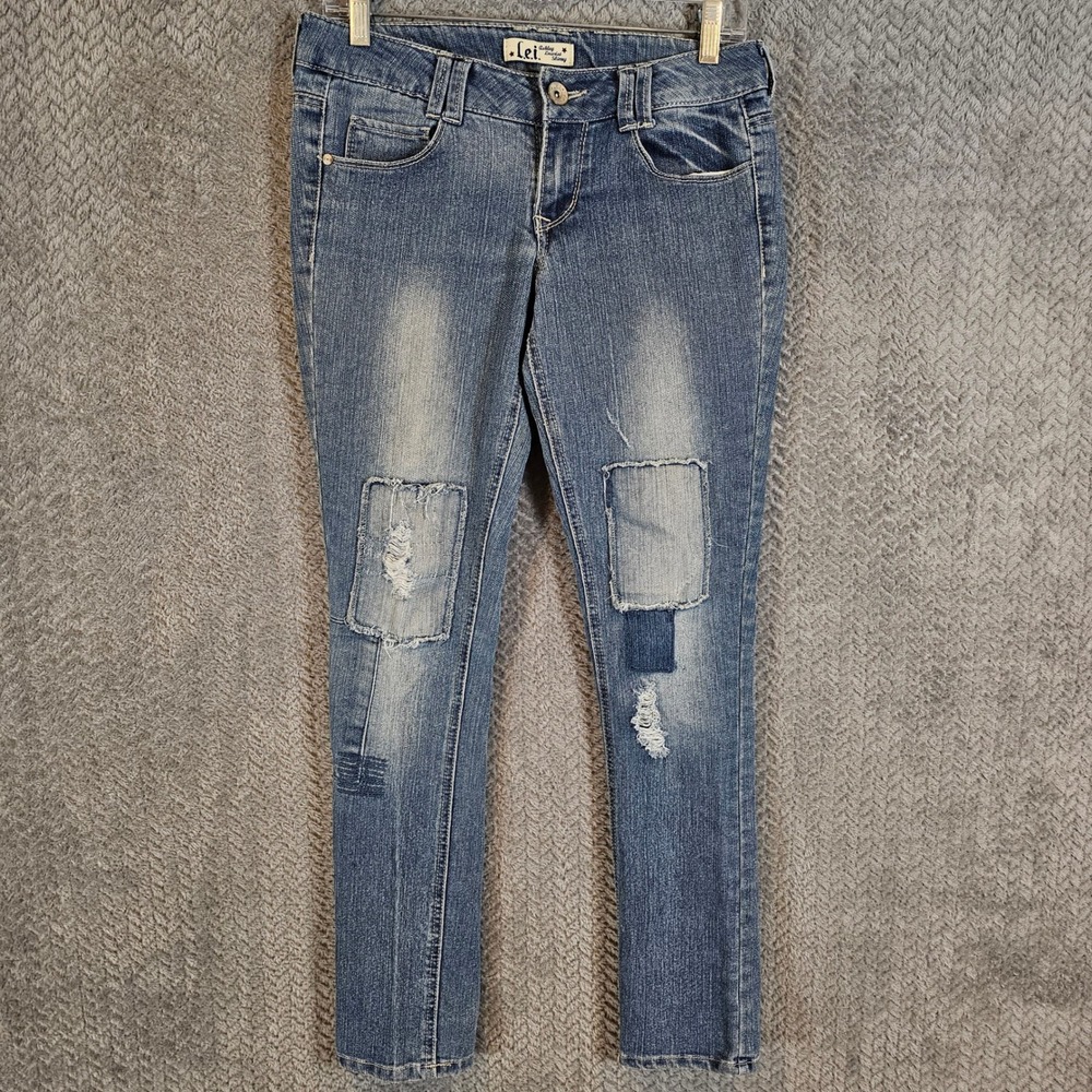 L.E.I. Ashley Lowrise Skinny Jeans Medium Wash Patchwork Distressed Y2K Denim